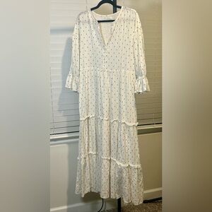Vita Grace Cream Tiered Dress with Subtle Navy Dot